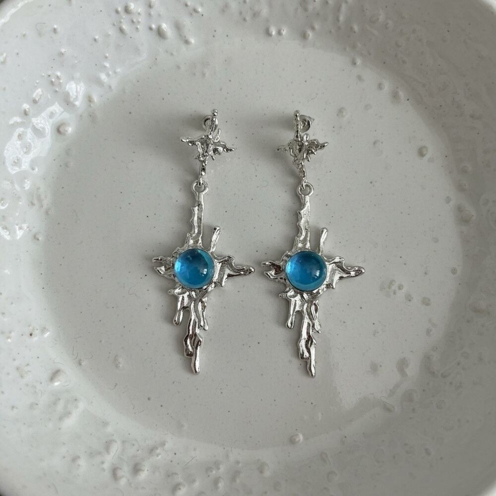 Celestial Moonstone Star Zara Earrings Liquid Boho Silver CZ Statement Molten